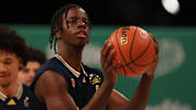 Mar 31, 2025; Brooklyn, New York, USA; McDonald’s All American West forward Caleb Wilson (8) shoots the ball during the Sprite Jam Fest at Barclay's Center. Mandatory Credit: Pamela Smith-Imagn Images