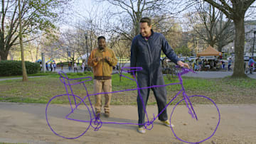 Zachary Levi as Harold and Lil Rel Howery as Moose in Harold and the Purple Crayon - Credit: Sony Pictures Releasing