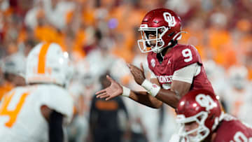 Oklahoma Sooners quarterback Michael Hawkins Jr. (9) during a college football game between the University of Oklahoma Sooners (OU) and the Tennessee Volunteers at Gaylord Family - Oklahoma Memorial Stadium in Norman, Okla., Saturday, Sept. 21, 2024.