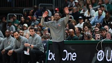 Nov 3, 2025; Coral Gables, Florida, USA; Miami Hurricanes head coach Jai Lucas reacts from he sideline against the Jacksonville Dolphins during the first half at Watsco Center. Mandatory Credit: Sam Navarro-Imagn Images