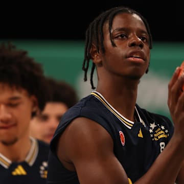 Mar 31, 2025; Brooklyn, New York, USA; McDonald’s All American West forward Caleb Wilson (8) shoots the ball during the Sprite Jam Fest at Barclay's Center. Mandatory Credit: Pamela Smith-Imagn Images
