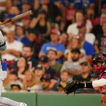 Toronto Blue Jays second baseman Spencer Horwitz (48) hits a singe to left field to drive in a run against the Boston Red Sox in the ninth inning at Fenway Park on Aug 26.