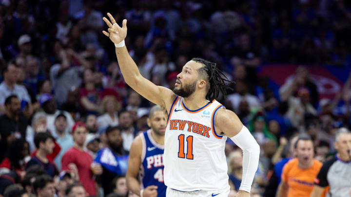 May 2, 2024; Philadelphia, Pennsylvania, USA; New York Knicks guard Jalen Brunson (11) reacts after his three pointer against the Philadelphia 76ers during the second half of game six of the first round for the 2024 NBA playoffs at Wells Fargo Center. Mandatory Credit: Bill Streicher-USA TODAY Sports