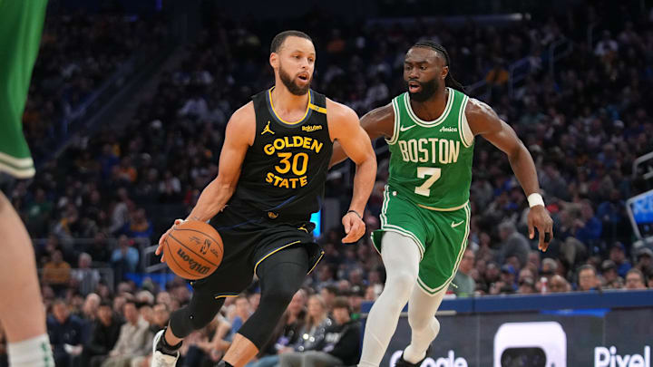 Jan 20, 2025; San Francisco, California, USA; Golden State Warriors guard Stephen Curry (30) dribbles past Boston Celtics forward Jaylen Brown (7) in the third quarter at the Chase Center. Mandatory Credit: Cary Edmondson-Imagn Images Jan 20, 2025; San Francisco, California, USA; Golden State Warriors guard Stephen Curry (30) dribbles past Boston Celtics forward Jaylen Brown (7) in the third quarter at the Chase Center. Mandatory Credit: Cary Edmondson-Imagn Images
