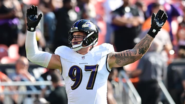 Oct 1, 2023; Cleveland, Ohio, USA; Baltimore Ravens defensive end Brent Urban (97) celebrates during the second half against the Cleveland Browns at Cleveland Browns Stadium. Mandatory Credit: Ken Blaze-Imagn Images