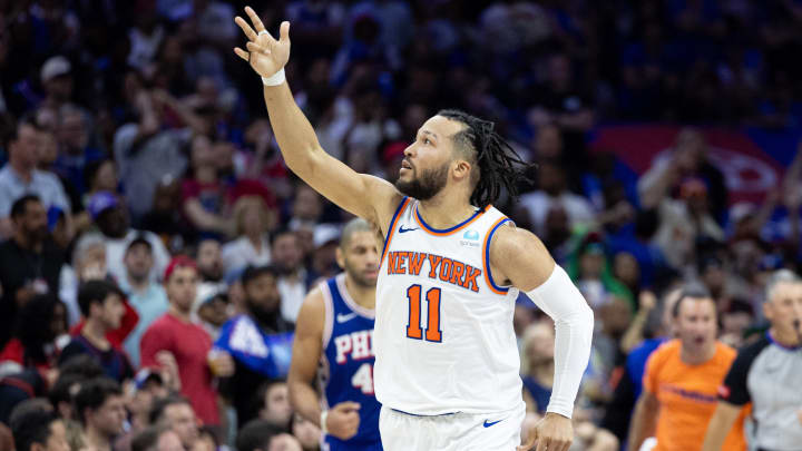 May 2, 2024; Philadelphia, Pennsylvania, USA; New York Knicks guard Jalen Brunson (11) reacts after his three pointer against the Philadelphia 76ers during the second half of game six of the first round for the 2024 NBA playoffs at Wells Fargo Center. Mandatory Credit: Bill Streicher-USA TODAY Sports