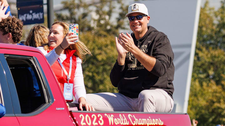 Nov 3, 2023; Arlington, TX, USA; Texas Rangers general manager Chris Young and family during the World Series championship parade at Globe Life Field.  Mandatory Credit: Andrew Dieb-Imagn Images