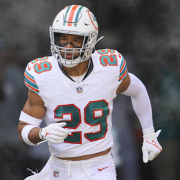 Oct 29, 2023; Miami Gardens, Florida, USA; Miami Dolphins safety Brandon Jones (29) takes on the field prior to the game against the New England Patriots at Hard Rock Stadium. Mandatory Credit: Sam Navarro-Imagn Images