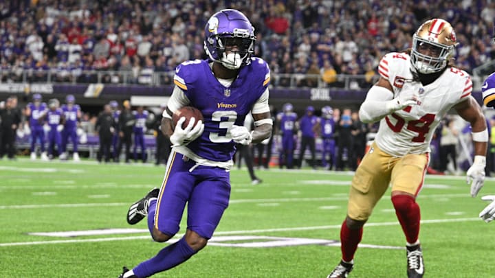 Oct 23, 2023; Minneapolis, Minnesota, USA; Minnesota Vikings wide receiver Jordan Addison (3) runs with the ball as San Francisco 49ers linebacker Fred Warner (54) pursues during the game at U.S. Bank Stadium. Mandatory Credit: Jeffrey Becker-Imagn Images