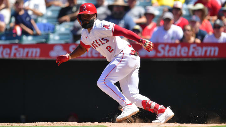 Jun 27, 2024; Anaheim, California, USA; Los Angeles Angels second baseman Luis Rengifo (2) runs after hitting a double against the Detroit Tigers during the sixth inning at Angel Stadium. Mandatory Credit: Gary A. Vasquez-USA TODAY Sports