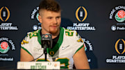 Oregon inside linebacker Bryce Boettcher speaks during media day for the Oregon Ducks in Los Angeles ahead of the Rose Bowl Monday, Dec. 30, 2024.