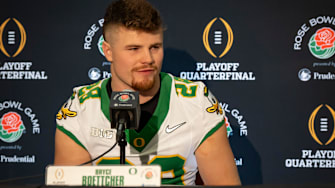 Oregon inside linebacker Bryce Boettcher speaks during media day for the Oregon Ducks in Los Angeles ahead of the Rose Bowl Monday, Dec. 30, 2024.
