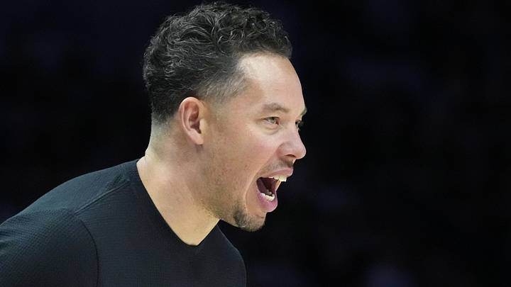 May 10, 2026; Minneapolis, Minnesota, USA; San Antonio Spurs head coach Mitch Johnson directs his team as they play the Minnesota Timberwolves in the first quarter of game four of the second round of the 2026 NBA Playoffs at Target Center. Mandatory Credit: Bruce Kluckhohn-Imagn Images