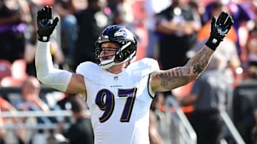 Oct 1, 2023; Cleveland, Ohio, USA; Baltimore Ravens defensive end Brent Urban (97) celebrates during the second half against the Cleveland Browns at Cleveland Browns Stadium. Mandatory Credit: Ken Blaze-Imagn Images