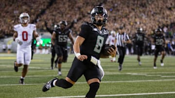 Oregon quarterback Dillon Gabriel scores a touchdown against Ohio State in the forth quarter at Autzen Stadium Saturday, Oct. 12, 2024.
