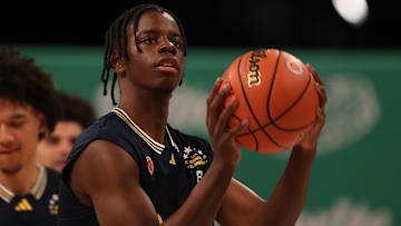 Mar 31, 2025; Brooklyn, New York, USA; McDonald’s All American West forward Caleb Wilson (8) shoots the ball during the Sprite Jam Fest at Barclay's Center. Mandatory Credit: Pamela Smith-Imagn Images