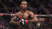 Sep 9, 2023; Sydney, NSW, AUSTRALIA; Israel Adesanya reacts during his fight with Sean Strickland (not pictured) in UFC 293 at Qudos Bank Arena. Mandatory Credit: Jasmin Frank-Imagn Images