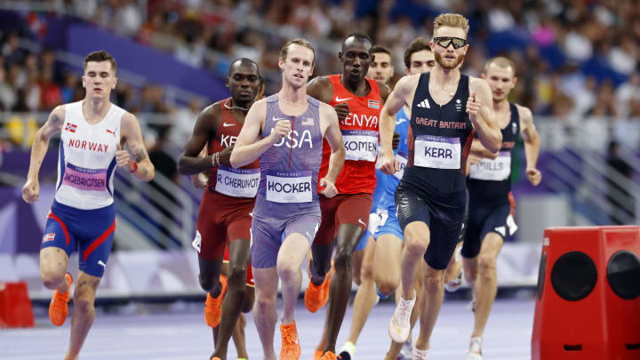 Aug 4, 2024; Paris Saint-Denis, France; Cole Hocker (USA) and Josh Kerr (GBR) compete in a menís 1500m semifinal heat during the Paris 2024 Olympic Summer Games at Stade de France. Mandatory Credit: Yukihito Taguchi-USA TODAY Sports