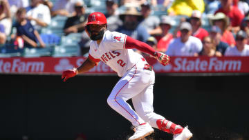 Jun 27, 2024; Anaheim, California, USA; Los Angeles Angels second baseman Luis Rengifo (2) runs after hitting a double against the Detroit Tigers during the sixth inning at Angel Stadium. Mandatory Credit: Gary A. Vasquez-USA TODAY Sports