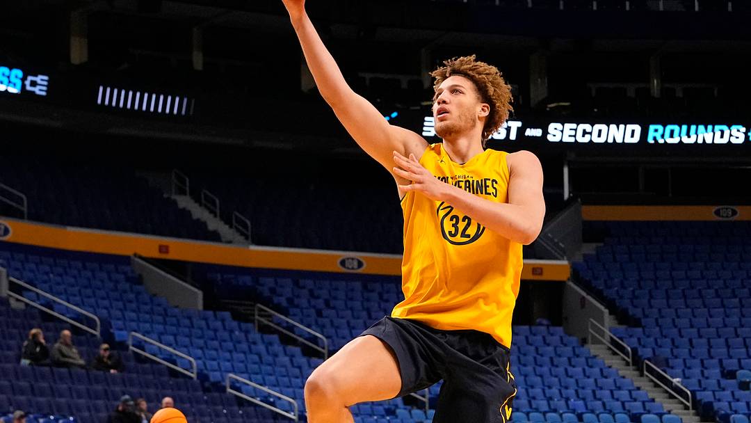 Mar 18, 2026; Buffalo, NY, USA; Michigan Wolverines center Malick Kordel (32) shoots a layup during a practice session ahead of the first round of the men's 2026 NCAA Tournament at Keybank Center. Mandatory Credit: Gregory Fisher-Imagn Images Mar 18, 2026; Buffalo, NY, USA; Michigan Wolverines center Malick Kordel (32) shoots a layup during a practice session ahead of the first round of the men's 2026 NCAA Tournament at Keybank Center. Mandatory Credit: Gregory Fisher-Imagn Images