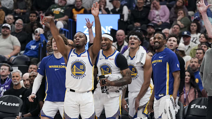 Mar 9, 2026; Salt Lake City, Utah, USA; Players on the bench of the Golden State Warriors react in the third quarter at Delta Center.  Mandatory Credit: Gabriel Mayberry-Imagn Images