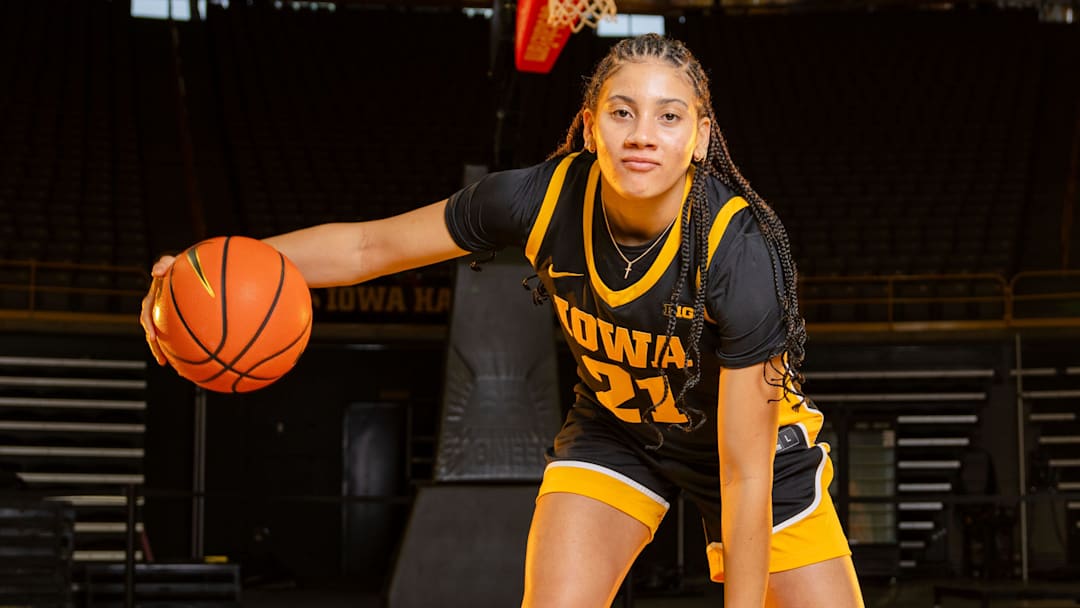 Emely Rodriguez stands for a photo during Iowa Women's Basketball media day at Carver Hawkeye arena in Iowa City, Oct. 14, 2025.