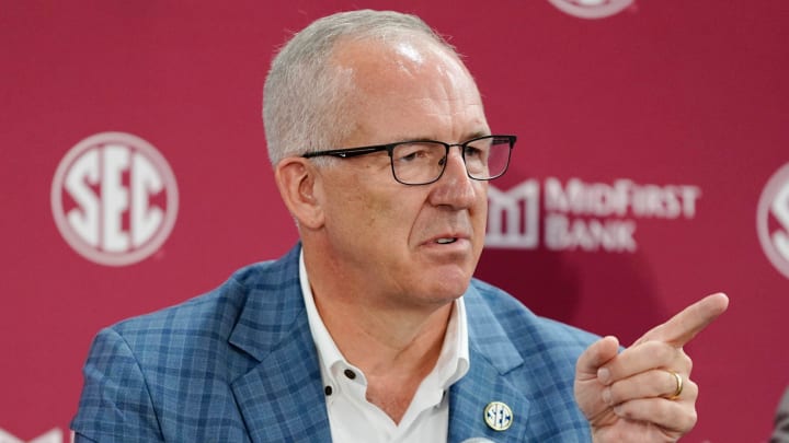 SEC commissioner Greg Sankey talks during a press conference before a celebration for OU joining the SEC in Norman, Okla., Monday, July 1, 2024.