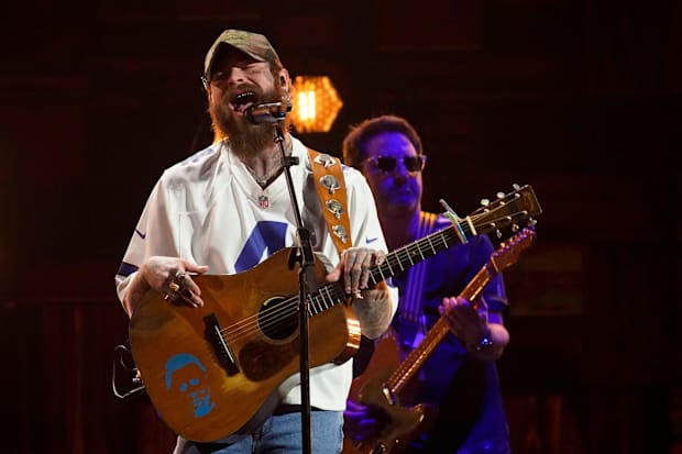 Post Malone performs at the 59th ACM Awards at the Ford Center at the Star in Frisco, Texas.