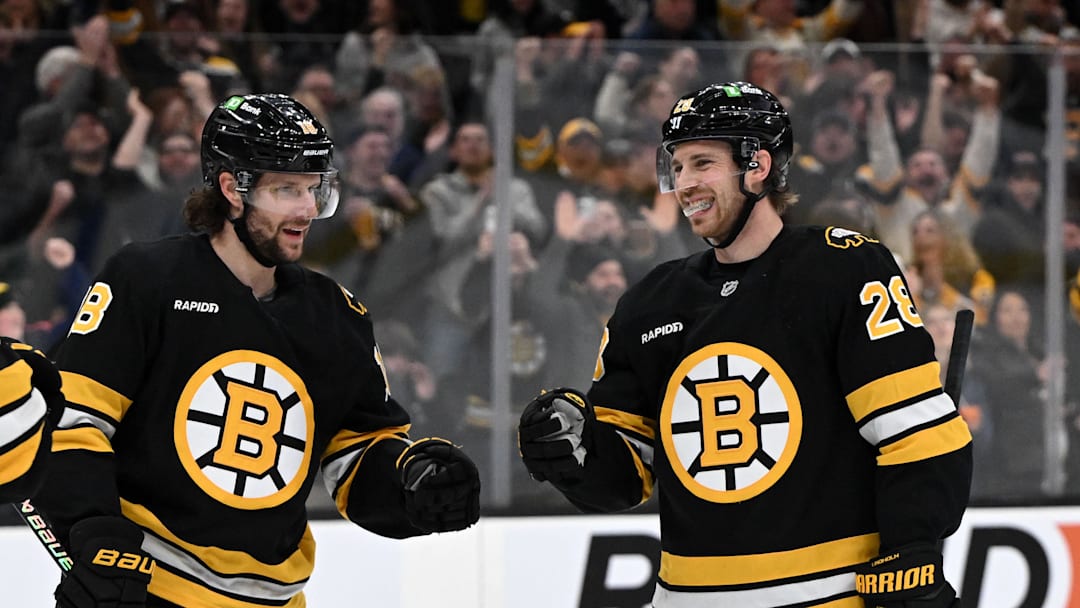 Jan 22, 2026; Boston, Massachusetts, USA; Boston Bruins center Elias Lindholm (28) celebrates with center Pavel Zacha (18) after scoring a goal against the Vegas Golden Knights during the first period at the TD Garden. Mandatory Credit: Brian Fluharty-Imagn Images
