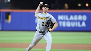 May 13, 2025; New York City, New York, USA; Pittsburgh Pirates starting pitcher Mitch Keller (23) throws a pitch in the third inning against the New York Mets at Citi Field. Mandatory Credit: Wendell Cruz-Imagn Images