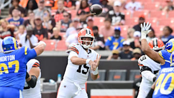Aug 23, 2025; Cleveland, Ohio, USA; Cleveland Browns quarterback Joe Flacco (15) throws a pass during the first quarter against the Los Angeles Rams at Huntington Bank Field. Mandatory Credit: Ken Blaze-Imagn Images