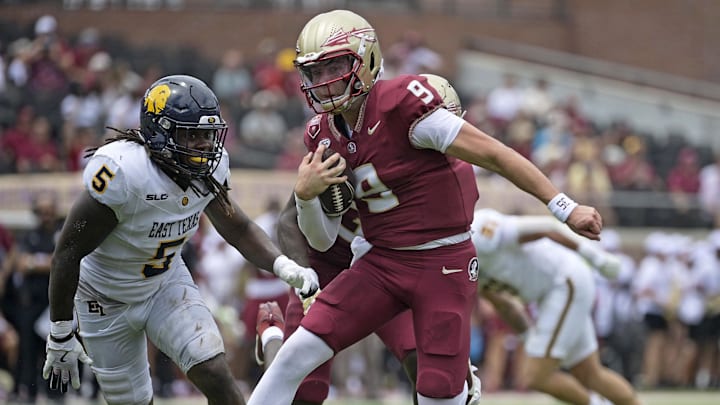 Sep 6, 2025; Tallahassee, Florida, USA; Florida State Seminoles quarterback Kevin Sperry (9) runs the ball against the East Texas A&M Lions during the second half at Doak S. Campbell Stadium. Mandatory Credit: Melina Myers-Imagn Images