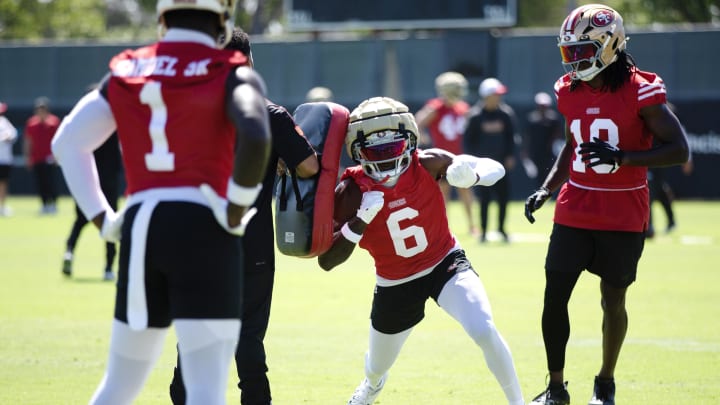 Jul 26, 2024; Santa Clara, CA, USA; San Francisco 49ers wide receiver Danny Gray (6) practices a blocking drill during Day 4 of training camp at SAP Performance Facility. Mandatory Credit: D. Ross Cameron-USA TODAY Sports