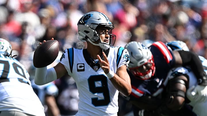 Sep 28, 2025; Foxborough, Massachusetts, USA; Carolina Panthers quarterback Bryce Young (9) looks to throw against the New England Patriots during the first half at Gillette Stadium. Mandatory Credit: Brian Fluharty-Imagn Images Sep 28, 2025; Foxborough, Massachusetts, USA; Carolina Panthers quarterback Bryce Young (9) looks to throw against the New England Patriots during the first half at Gillette Stadium. Mandatory Credit: Brian Fluharty-Imagn Images