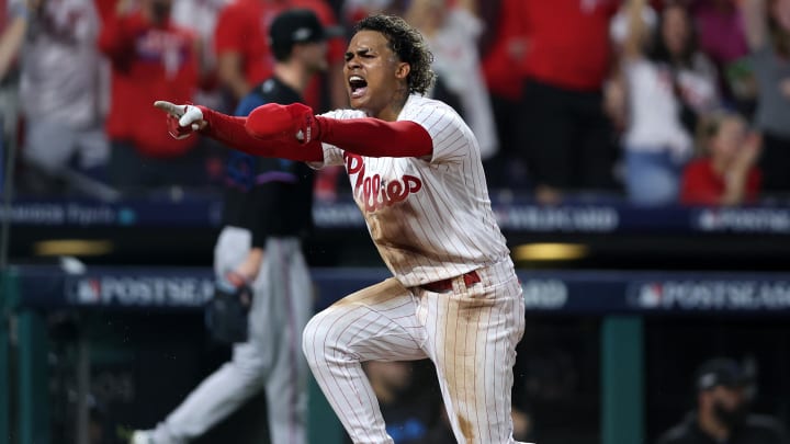 Oct 4, 2023; Philadelphia, Pennsylvania, USA; Philadelphia Phillies left fielder Cristian Pache (19) reacts after scoring a run against the Miami Marlins during the third inning for game two of the Wildcard series for the 2023 MLB playoffs at Citizens Bank Park.