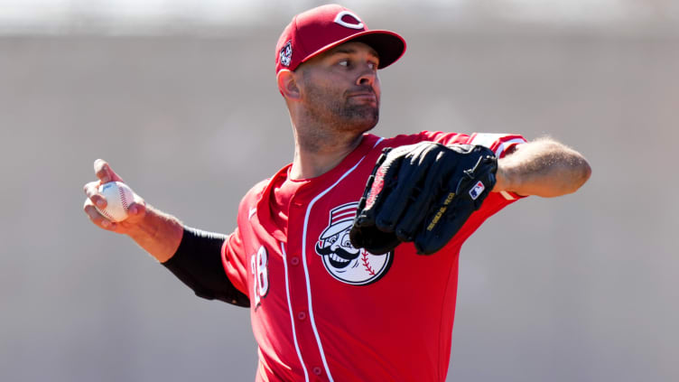 Cincinnati Reds relief pitcher Nick Martinez (28) throws live BP