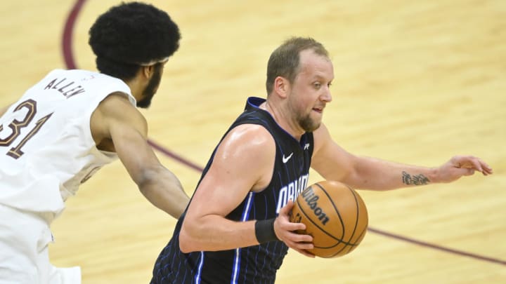 Orlando Magic guard Joe Ingles (7) steals the ball from Cleveland Cavaliers center Jarrett Allen (31) in the fourth quarter during game one of the first round for the 2024 NBA playoffs at Rocket Mortgage FieldHouse.