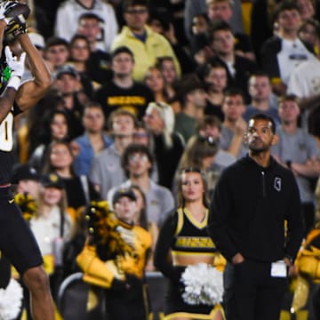 Nov 15, 2025; Columbia, Missouri, USA; Missouri wide receiver Joshua Manning (0) catches a pass which was out of bounds in the first half.