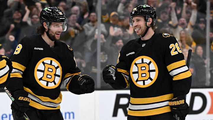 Jan 22, 2026; Boston, Massachusetts, USA; Boston Bruins center Elias Lindholm (28) celebrates with center Pavel Zacha (18) after scoring a goal against the Vegas Golden Knights during the first period at the TD Garden. Mandatory Credit: Brian Fluharty-Imagn Images