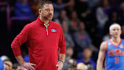 Mar 8, 2025; Gainesville, Florida, USA; Mississippi Rebels head coach Chris Beard looks on against the Florida Gators during the first half at Exactech Arena at the Stephen C. O'Connell Center. Mandatory Credit: Matt Pendleton-Imagn Images