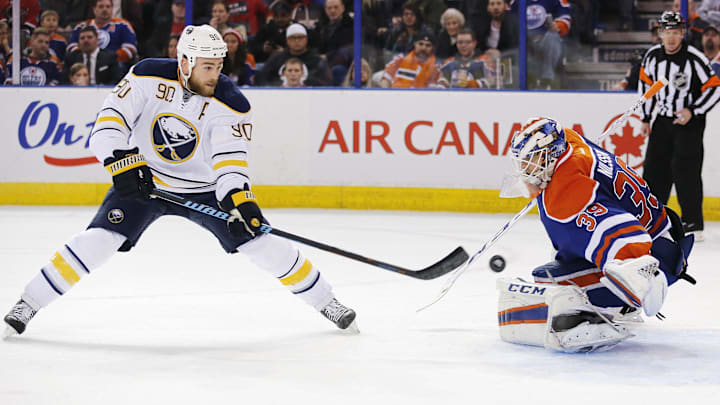 Dec 6, 2015; Edmonton, Alberta, CAN; Buffalo Sabres forward Ryan O   Reilly (90) scores second period goal against Edmonton Oilers goaltender Anders Nilsson (39) at Rexall Place. Mandatory Credit: Perry Nelson-Imagn Images