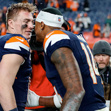 Dec 2, 2024; Denver, Colorado, USA; Denver Broncos quarterback Bo Nix (10) and wide receiver Courtland Sutton (14) after the game against the Cleveland Browns at Empower Field at Mile High. 