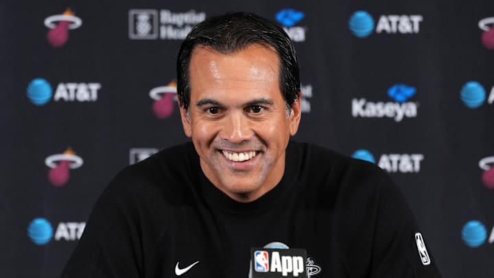 Miami Heat head coach Erik Spoelstra at press conference at the Intuit Dome. (Mandatory Credit: Kirby Lee-Imagn Images)