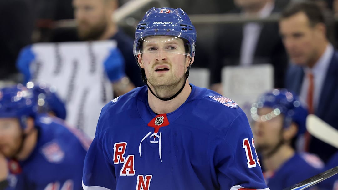 Jan 5, 2026; New York, New York, USA; New York Rangers left wing Alexis Lafreniere (13) skates against the Utah Mammoth during the second period at Madison Square Garden. Mandatory Credit: Brad Penner-Imagn Images