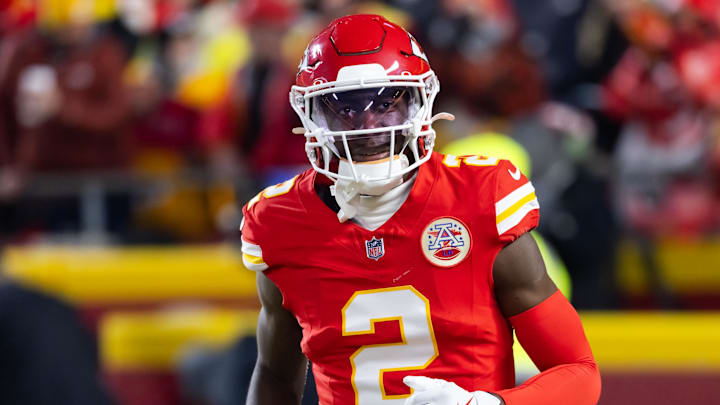 Jan 26, 2025; Kansas City, MO, USA; Kansas City Chiefs cornerback Joshua Williams (2) against the Buffalo Bills in the AFC Championship game at GEHA Field at Arrowhead Stadium. Mandatory Credit: Mark J. Rebilas-Imagn Images