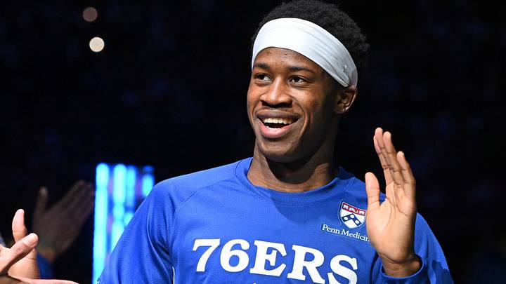 Philadelphia 76ers guard Vj Edgecombe (77) during introductions against the Detroit Pistons at Xfinity Mobile Arena on Apr 4, 2026.