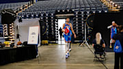 Chet Holmgren enters the arena during the Thunder Media Day for the 25-26 NBA season at the Paycom Center Monday, Sept. 29, 2025.