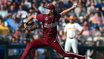 Jun 14, 2024; Omaha, NE, USA;  Florida State Seminoles starting pitcher Jamie Arnold (16) throw against the Tennessee Volunteers during the first inning at Charles Schwab Filed Omaha. Mandatory Credit: Steven Branscombe-Imagn Images