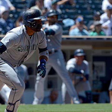 Seattle Mariners second baseman Robinson Cano (22) watches his RBI single against the San Diego Padres during the first inning at Petco Park in 2018.