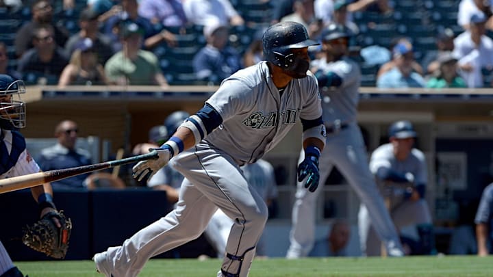 Seattle Mariners second baseman Robinson Cano (22) watches his RBI single against the San Diego Padres during the first inning at Petco Park in 2018.